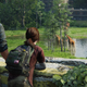 Joel and Ellie are seen watching a group of giraffes walk through a grassy field.